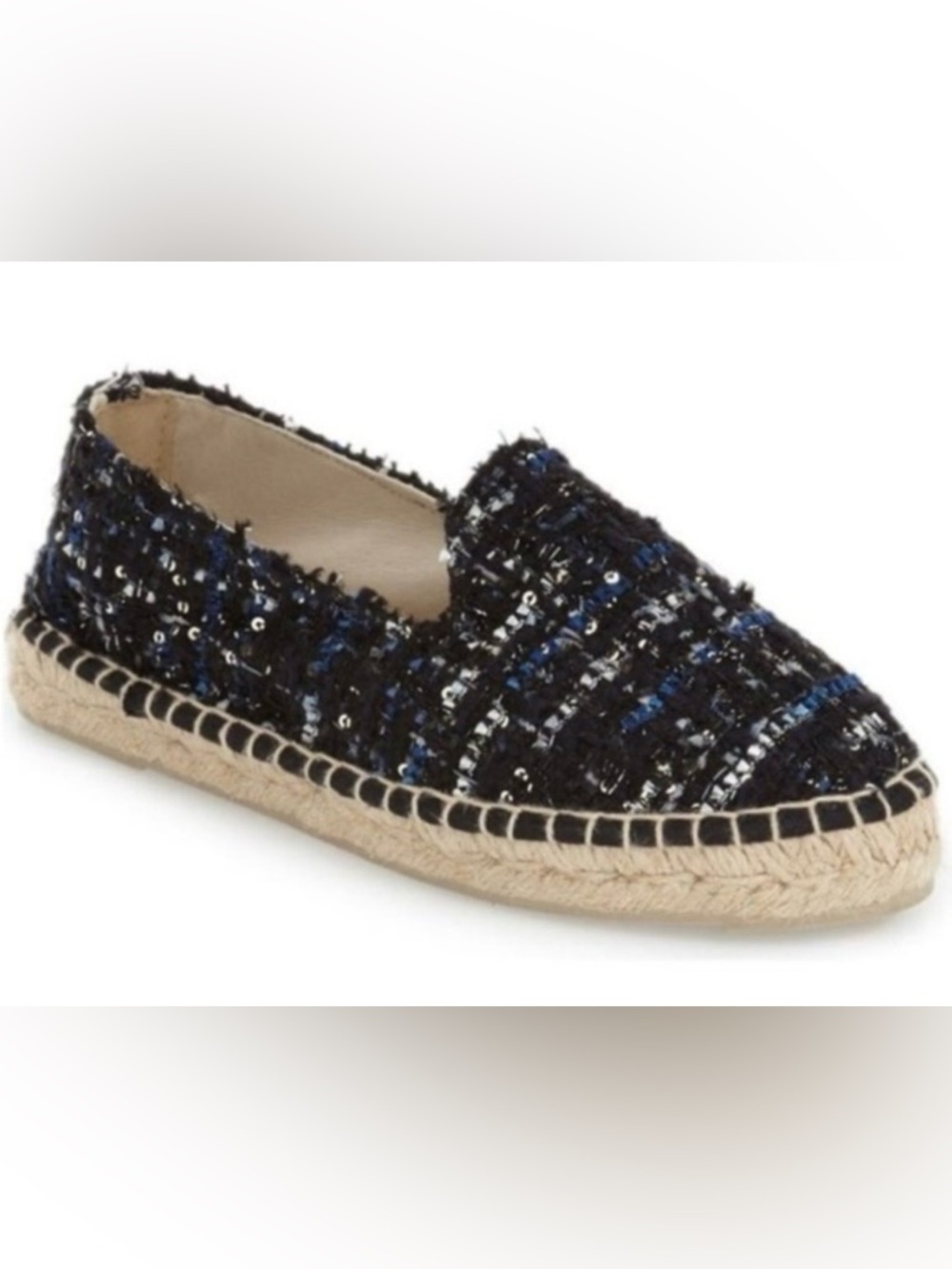 Manebi NWOB sequin navy boucle tweed espadrille flats sz 6 preppy coastal